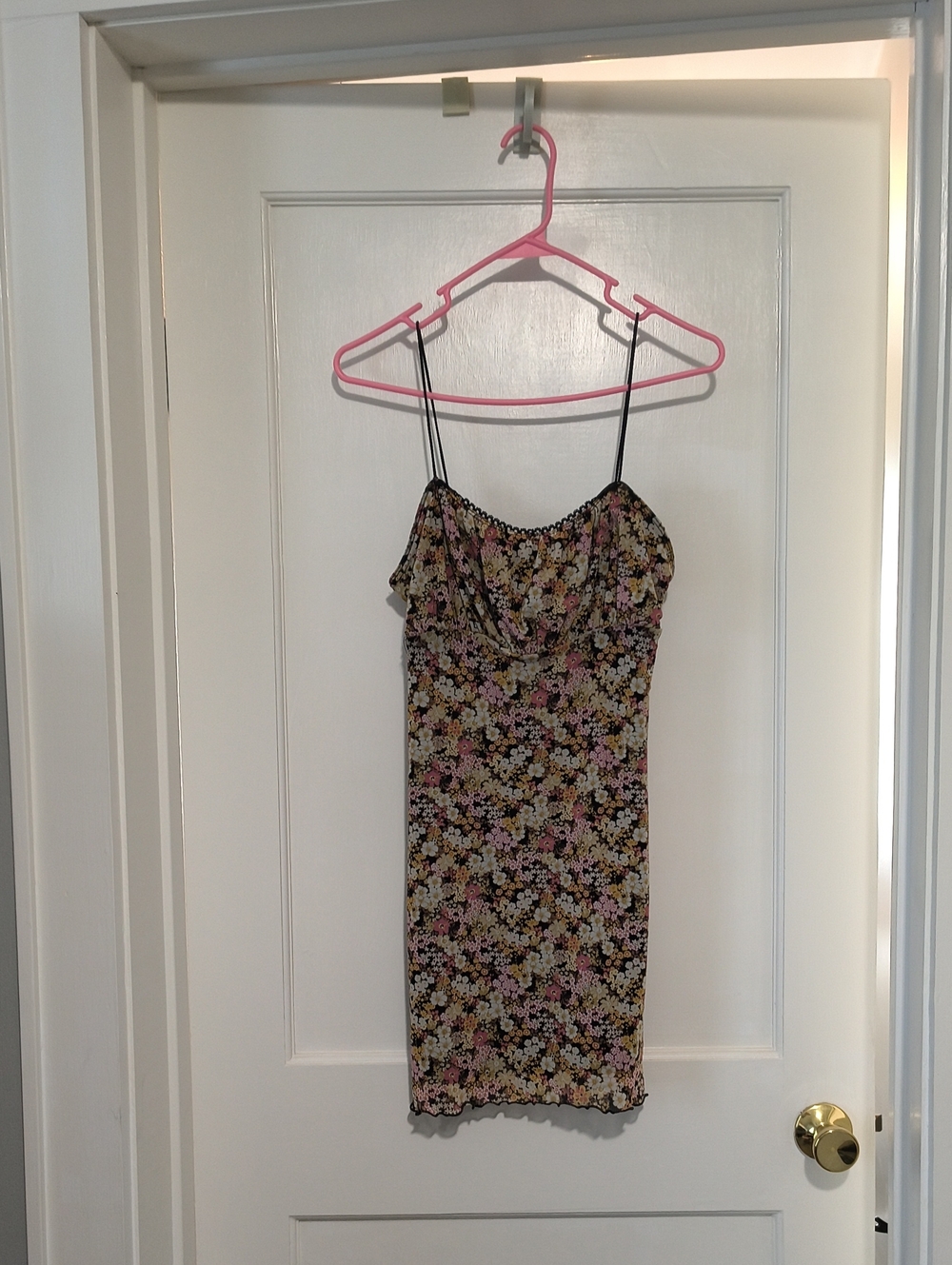 Floral Slip Dress with Spaghetti Straps - Pink & Black